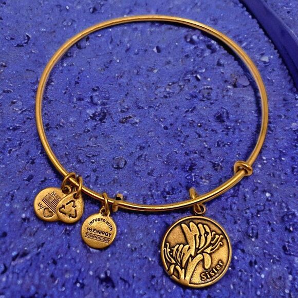 Alex and Ani Sister Charm Bracelet Bangle Adjustable Gold Tone USA Made Y2K - Picture 12 of 14